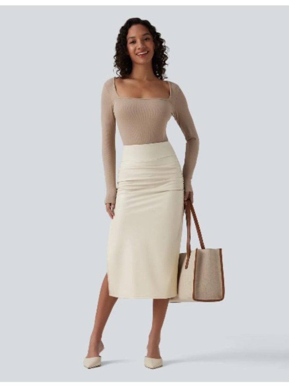 High Waisted Tummy Control Ruched Curved Hem 2-in-1 Fleece PU Midi Casual Skirt